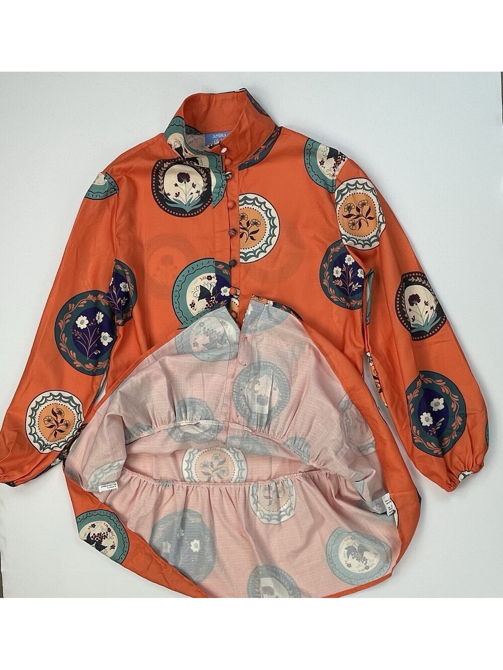 Amina Glam Orange Print Mini Dress 6 Long Sleeve Belted Flounce Hem Button Front - Picture 3 of 8